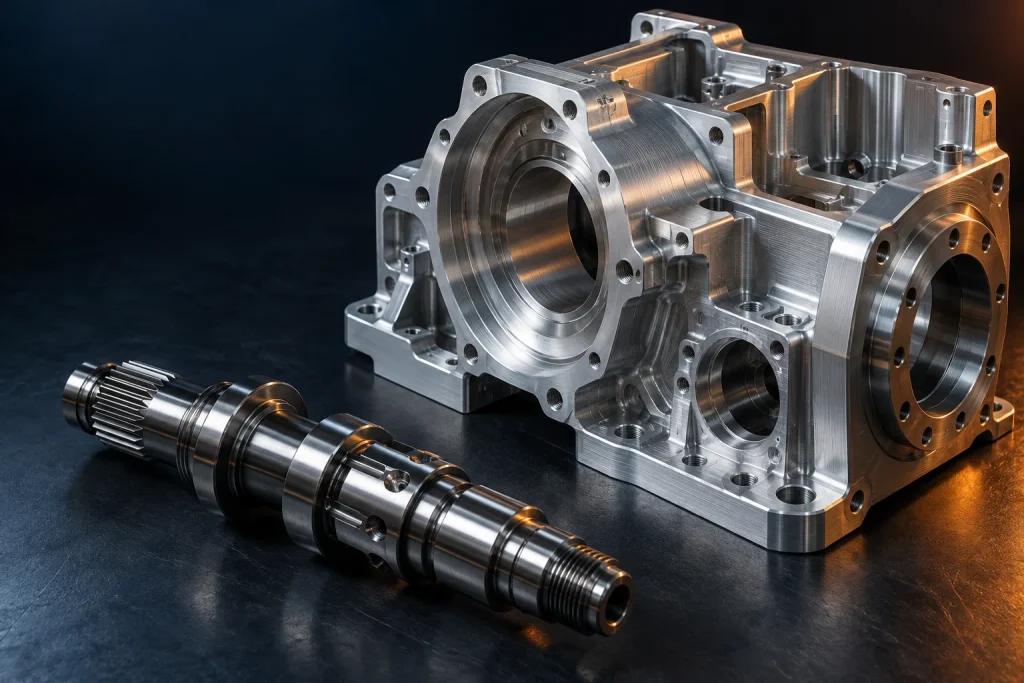 AI concept illustration of a precision CNC machined housing and drive shaft