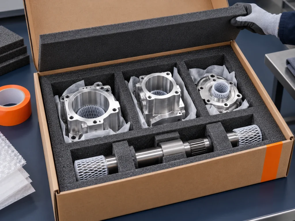 AI-generated protective packaging for precision components concept. Illustration only.