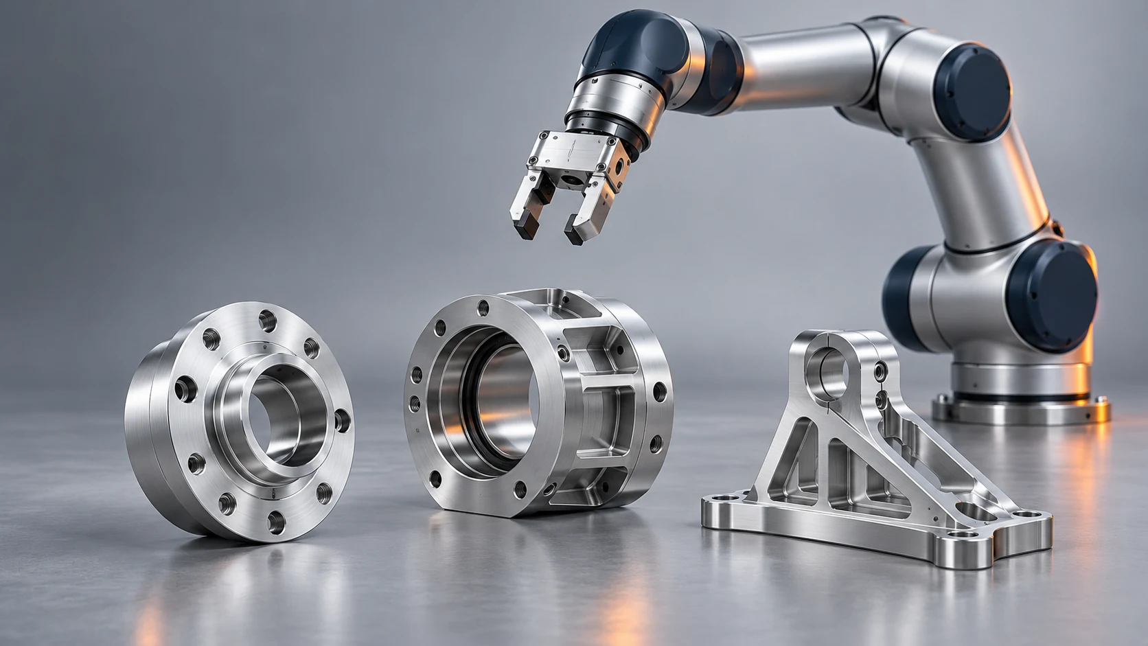 Concept illustration of a robotic gripper, machined adapter flange, joint housing and lightweight mounting bracket