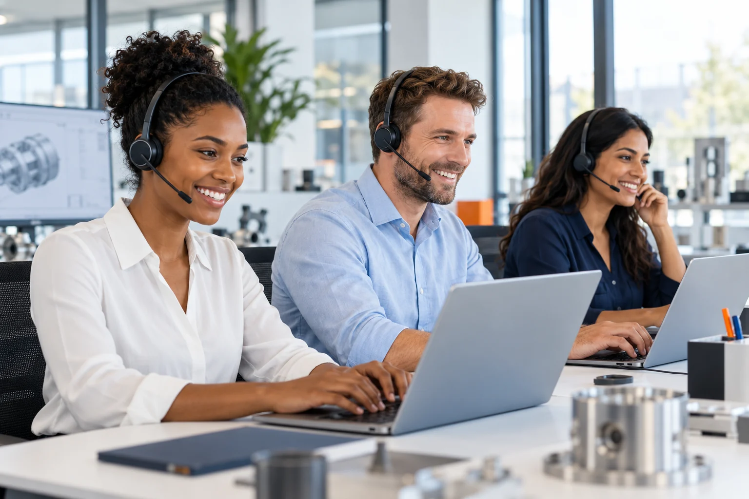Fictional diverse project support team smiling and wearing headsets